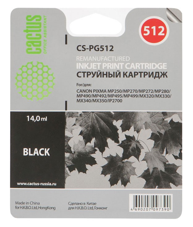 Картридж струйный Cactus CS-PG512 черный (14мл) для Canon Pixma iP2700/MP240/MP250/MP260/MP270/MP272/MP280/MP480/MP490/MP492/MP495