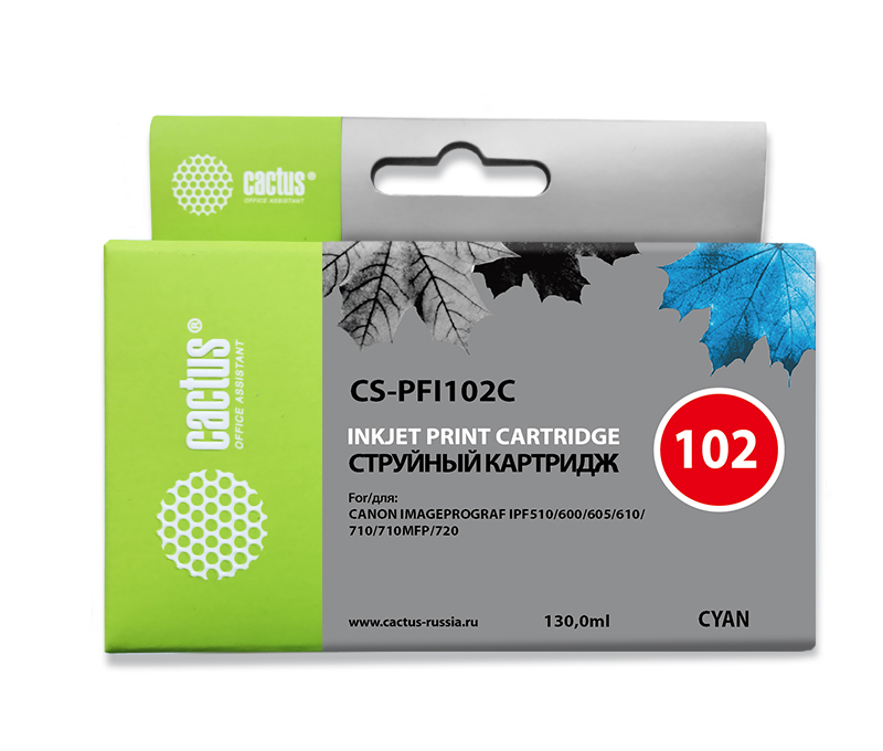 Картридж струйный Cactus CS-PFI102C синий (130мл) для Canon IP iPF500/iPF600/iPF700/ MFP M40/iPF765/LP17/LP24
